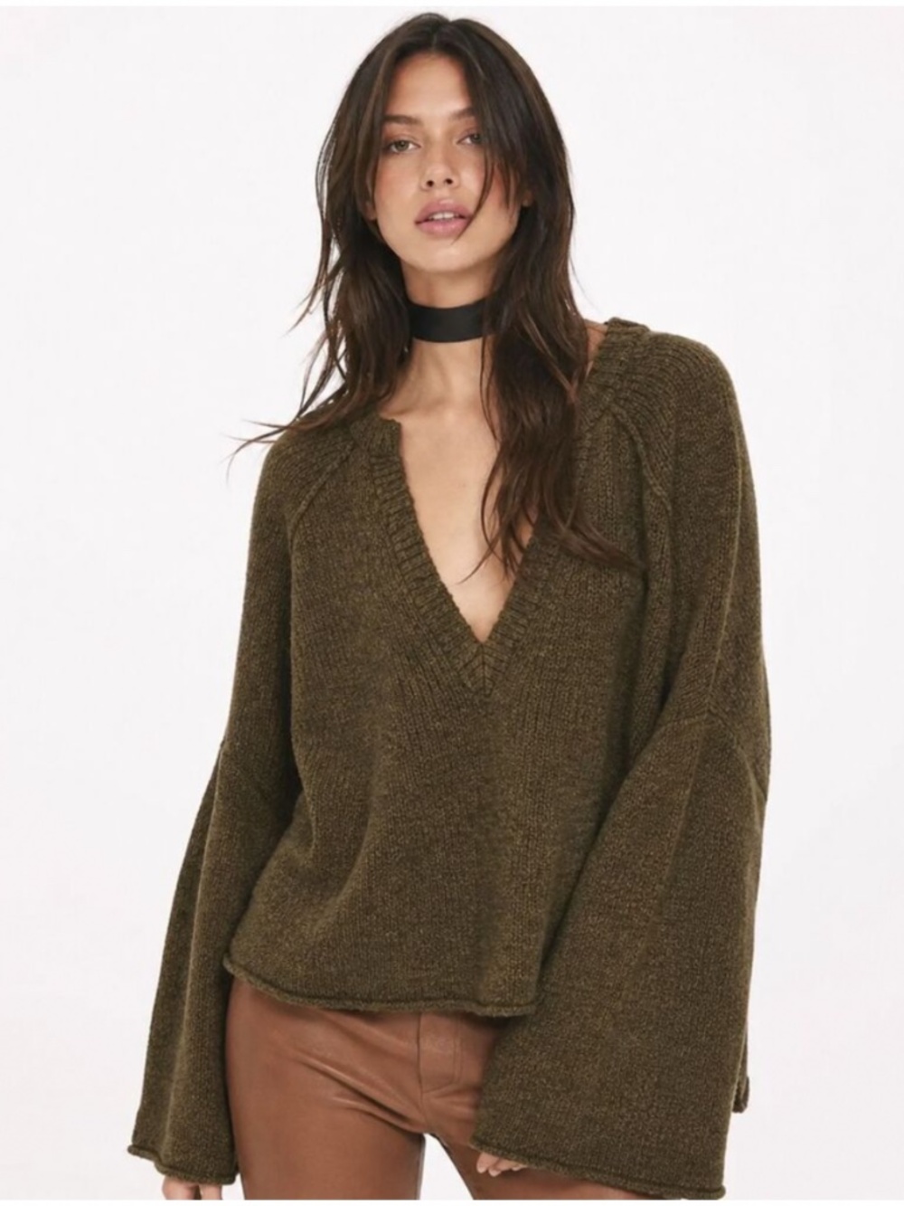 Free People “Lovely Lines” bell sleeve sweater, green